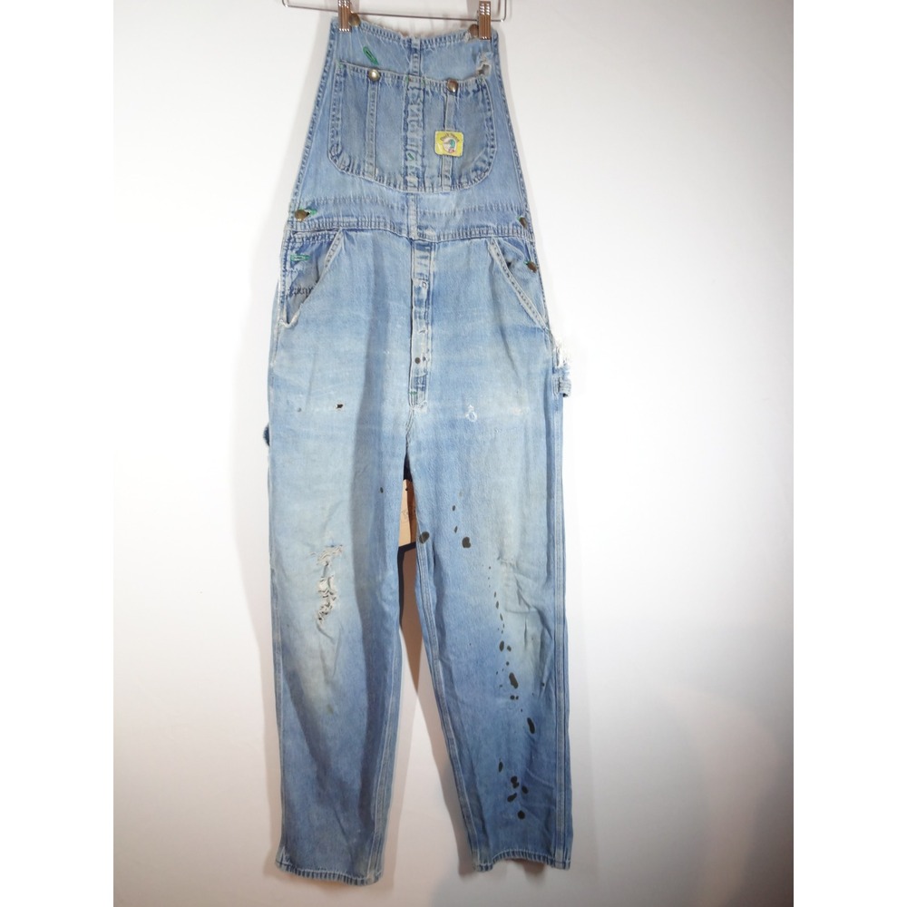 VTG Thrashed Duck Head Denim Overalls LG Light Blue Distressed Painter Workwear
